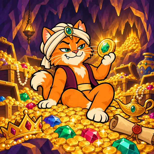 AliCat sitting on a mountain of gold coins inside the cave, holding up a gold coin set with a green gem
