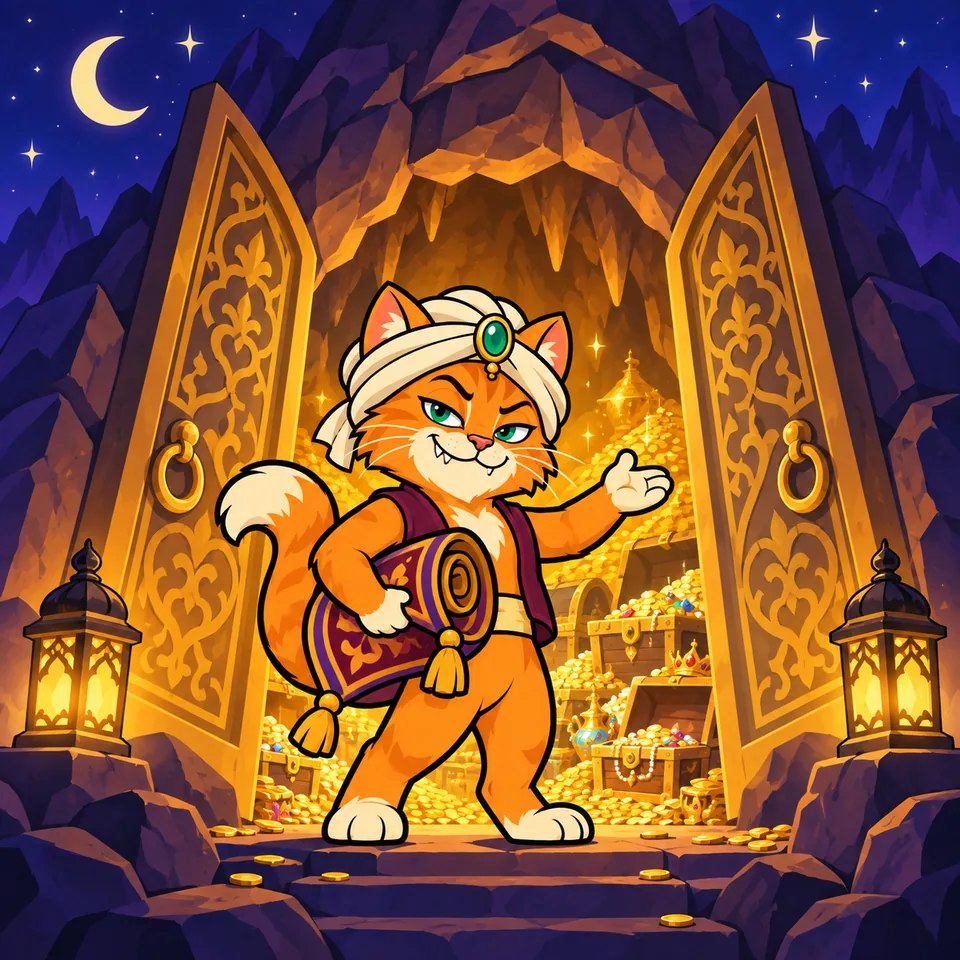 AliCat at the open doors of the Cash Cave, one paw raised after saying the password, gold coins and treasure chests glowing inside the mountain
