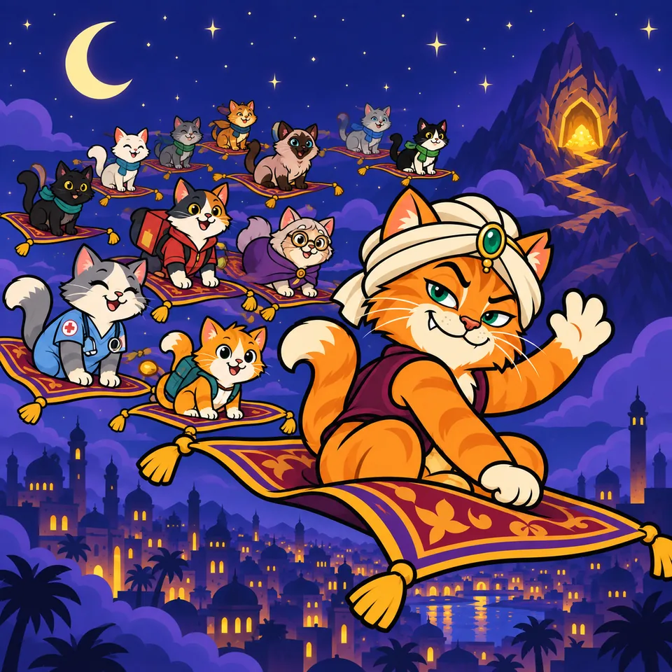 A crowd of riders on flying carpets streaming across a night sky toward a lit cave in the mountain